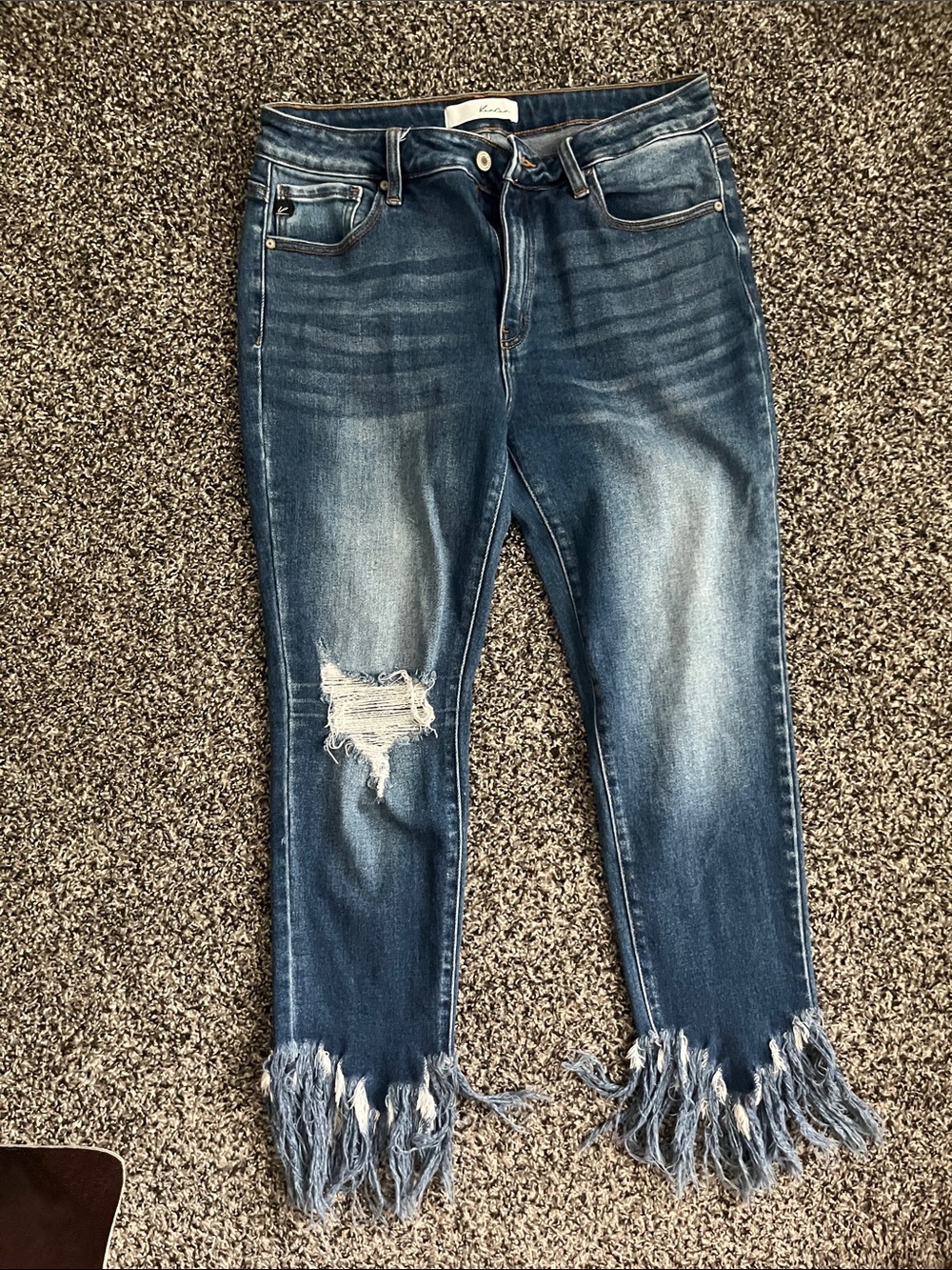 KanCan Blue Distressed Ankle Jeans with Fringe Hem